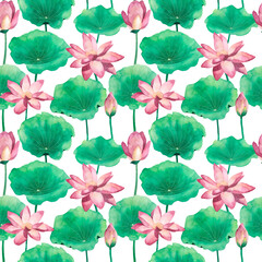 Watercolor pattern with lotus leaves and flowers on a white background.