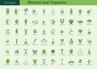 Iconos de origen ecológico. Conjunto de vectores de productos naturales y orgánicos para el envasado. Con gran variedad de temática, alimentación, concienciación, moda ecológica, reciclado.