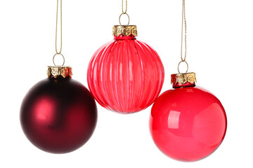 Beautiful Christmas balls hanging on white background