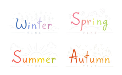 A set of inscriptions of different seasons. Vector illustration of lettering typography for summer, fall, winter, spring. Beautiful font. 