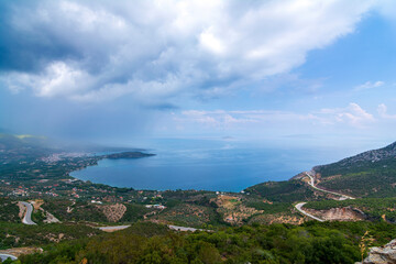 Fototapeta na wymiar Panoramic view of the Saronic Gulf and the city of Palaia Epidavros on the Peloponnese Peninsula in Greece