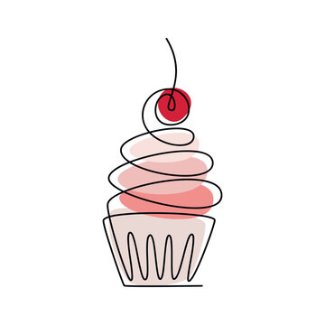Muffin cupcake with cherry berry vector one line continuous drawing illustration. Hand drawn linear silhouette icon. Minimal design element for print, banner, card, wall art poster, brochure, postcard