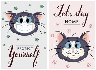 Ways to avoid coronavirus infection and protect yourself.Funny
set of pictures with text: 1-scared cat in the mask among viruses, 2-happy cat at home. Cartoon character in vector illustration.COVID-19