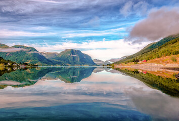 Reflections on lake Jolstravatnet, in Sunnfjord Municipality, Vestland county, Norway. Photo taken from Skei village.
