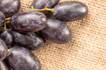 Several berries of juicy organic black grapes on a jute fabric, close-up, top view.