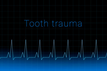 Tooth trauma disease. Tooth trauma logo on a dark background. Heartbeat line as a symbol of human disease. Concept Medication for disease Tooth trauma.