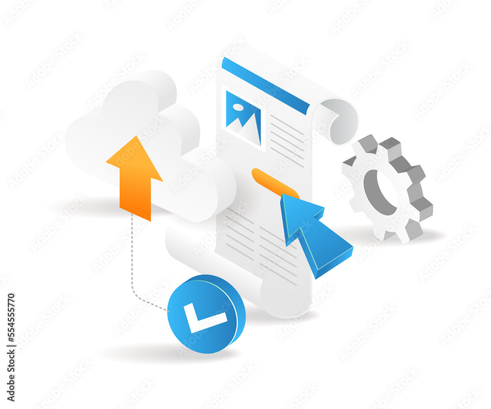 Poster flat isometric 3d illustration click ok data transfer to server cloud