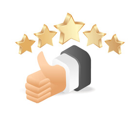 Flat isometric 3d illustration hand giving 5 star review