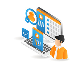 Flat isometric 3d illustration add people to team