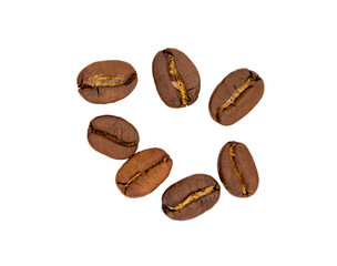 Roasted dark brown coffee beans close-up on a transparent background. Coffee beans laid out in a circle. PNG