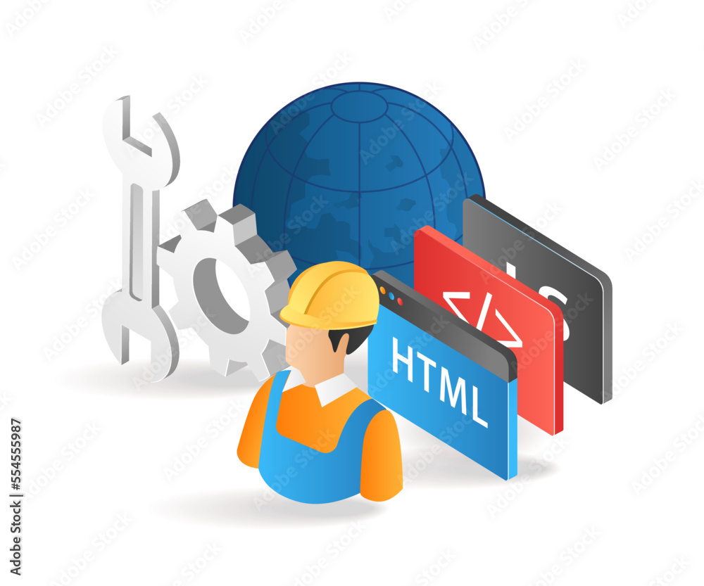 Poster Flat isometric 3d illustration of a web application developer and maintainer