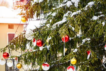 Detail of a snow covered outdoor Christmas tree in a town square in the mountains