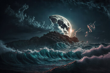 landscape, sea, waves, sky, clouds, moonlit, night, art illustration