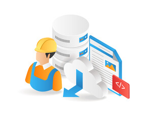 Flat isometric 3d illustration web hosting database maintenance programmer