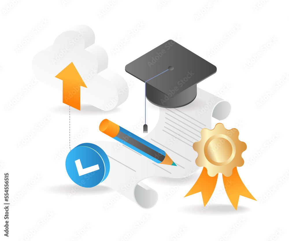 Poster flat isometric 3d illustration of online education with data on cloud server