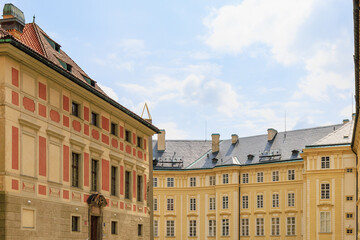 Fototapeta premium Facade of the house of classical European architecture of the old cozy tourist city. Background