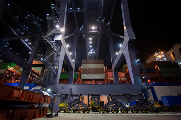 Containers loading by crane in the night , Trade Port. container operation in port series