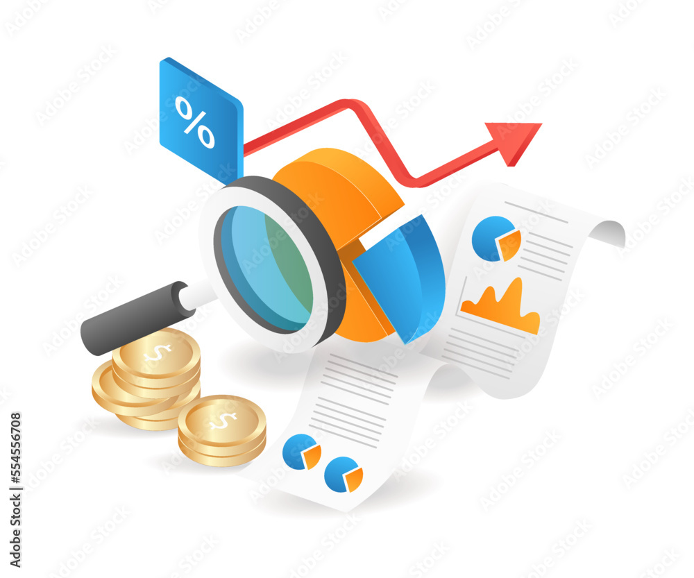 Poster flat isometric 3d illustration pie chart business development analysis