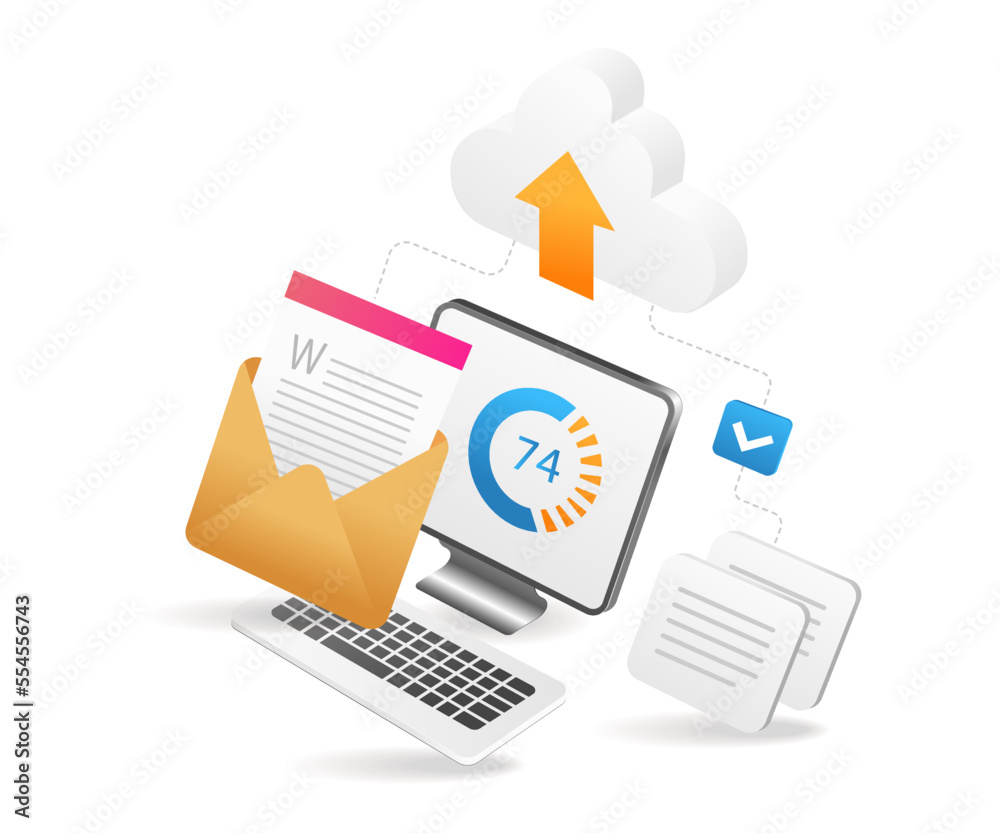 Leinwandbilder flat isometric 3d illustration process of sending data to cloud server