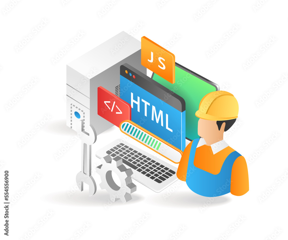 Poster Flat isometric 3d illustration programmer web application developer and maintainer