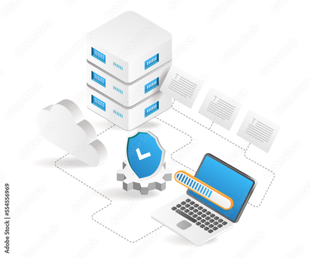 Fototapete Flat isometric 3d illustration security process send data to server