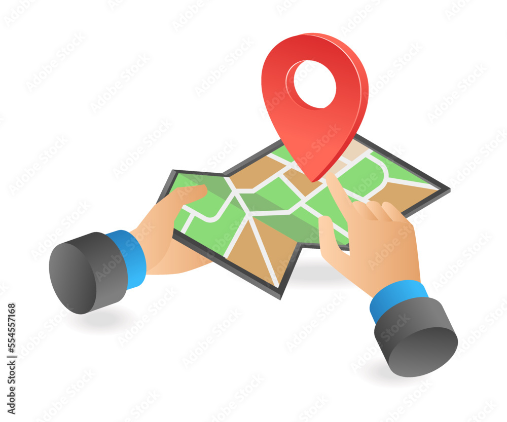 Poster isometric flat 3d illustration concept of hand holding and pointing location map app