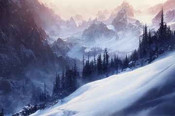 snowy, mountains, forest, hike, landscape, travel, art illustration