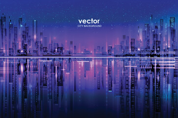 Vector night city illustration with neon glow and vivid colors. - 554557792