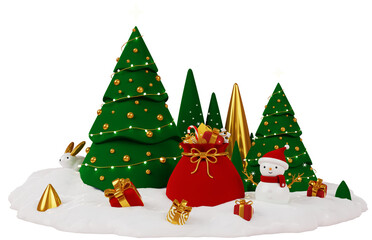 New Year's composition with a snowman and a New Year's bag among Christmas trees