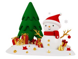 3D cute snowman with Christmas hat and gift boxes near the Christmas tree