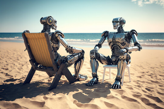 Two android robots relaxing in longchairs at the beach, artificial intelligence, generative ai
