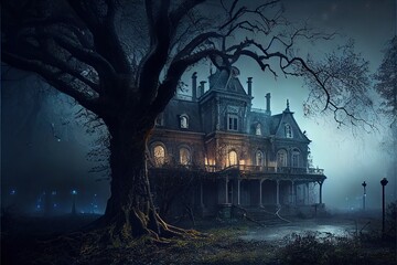 Fototapeta na wymiar Abandoned mansion, eerie, scary, gloomy in the fog - Generative AI