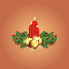Christmas balls, gifts, Christmas trees and burning candles. Festive decorations and items for any New Year, Christmas background decoration.