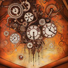 Antique clocks grouped on a wall. Abstract design.