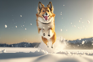 Dog jumping very happy on the snow during sunset, generative ai