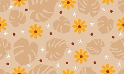 Obraz premium Hand drawn minimal monstera and flower seamless brown background