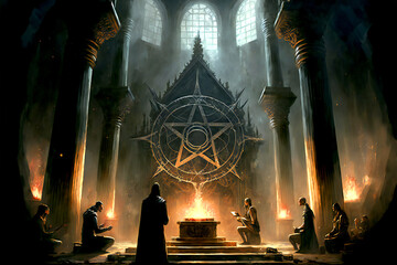 Fototapeta na wymiar Sacred place, ritual, summoning, spell, priest, magic, fantasy world, game, background, digital illustration