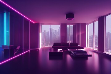 Futuristic modern cyberpunk living room design, Generative AI