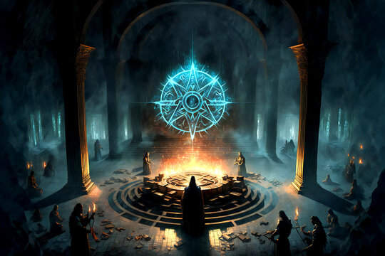 Sacred place, ritual, summoning, spell, priest, magic, fantasy world, game, background, digital illustration