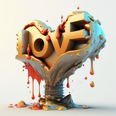 Beautiful lightbulb in the shape of a heart with love written on it and paint falling on a white background, generative ai