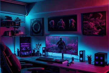 Cyberpunk gaming room with flat screen and neon lights, generative ai