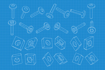 Fototapeta na wymiar Mechanical engineering drawings on blue background. Cutter, assembly tool with replaceable multi-faceted plate. Technical Design. Cover. Blueprint. Vector illustration.