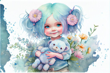 Fototapeta premium Watercolor drawing of a cute little girl holding teddy bears - generative ai