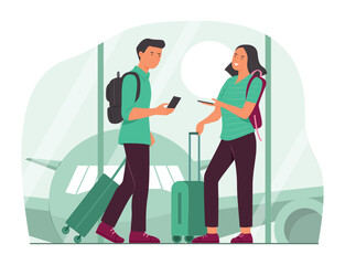 Passengers Man and Woman Holding Suitcase and Talking in Airport