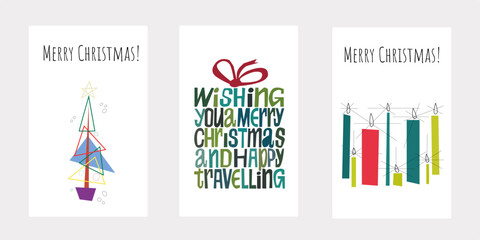 Merry Christmas and Happy New Year Set of backgrounds, greeting cards, posters, holiday covers. Design templates with typography, season wishes in modern minimalist style for web, social media, print