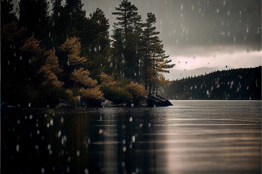 Rain patters against the surface of the lake, tree leaves and cloudy sky - generative ai
