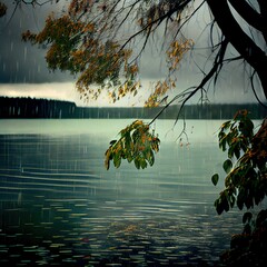 Rain patters against the surface of the lake, tree leaves and cloudy sky - generative ai