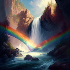 Stunning waterfall view with rainbow, lake, river, mountains - generative ai