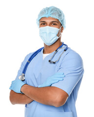 Doctor or medical assistant (male nurse) with protective mask and stethoscope on white background
