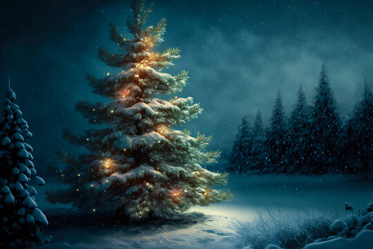 Christmas tree with lights in the snow at night